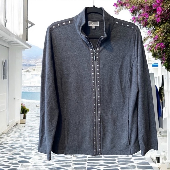 JM Collection Ladies M Grey Zip-Up Jacket With Embellishments - Picture 12 of 13